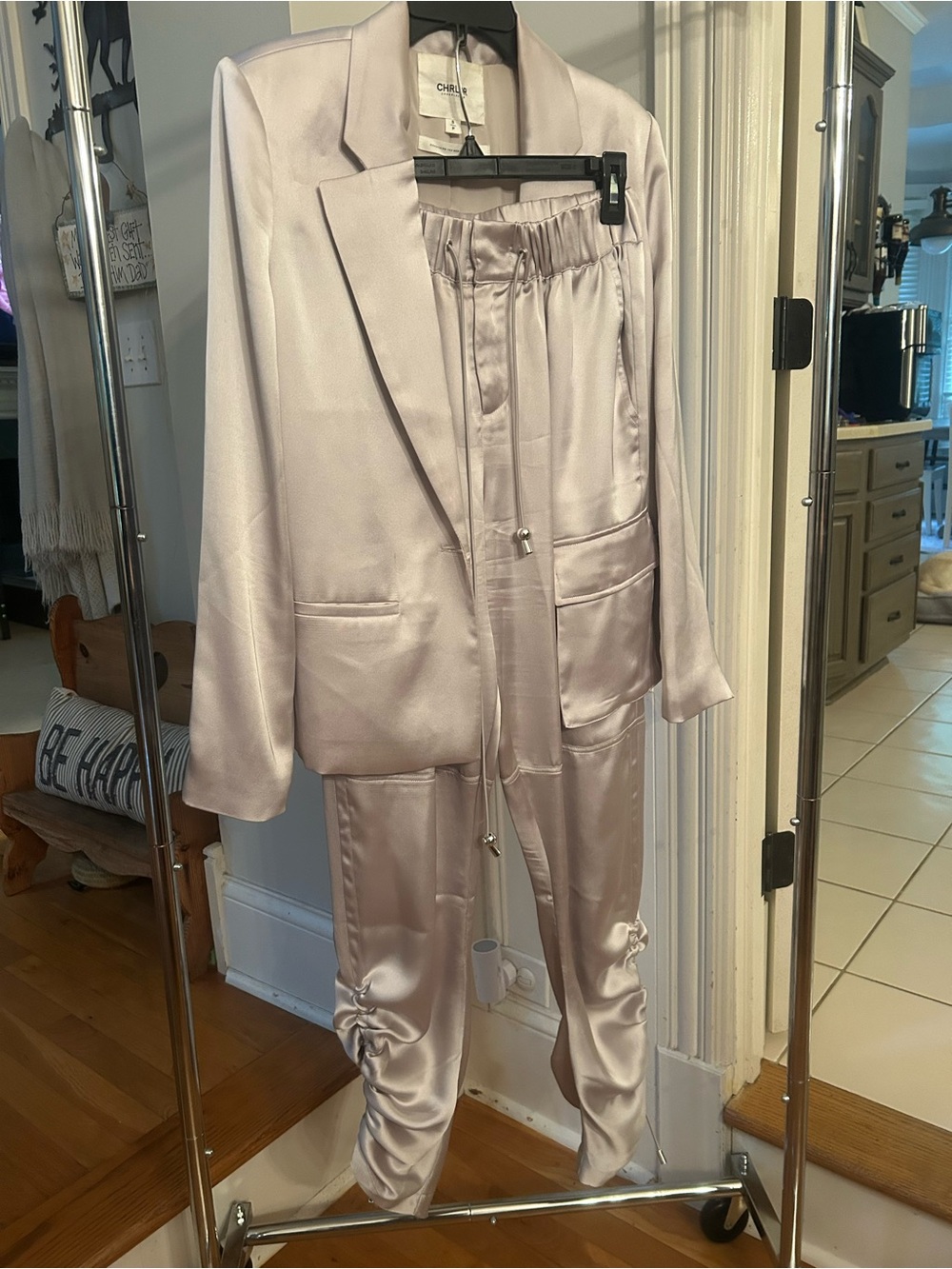 CHRLDR Satin Cargo Joggers in Silver - Picture 3 of 5